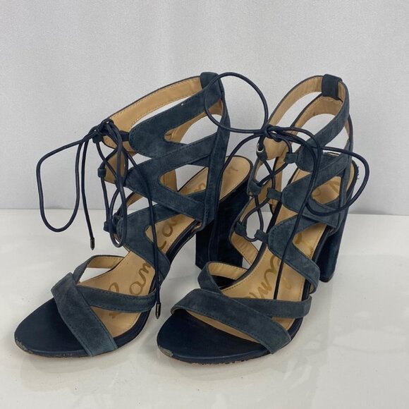 SAM EDELMAN Yardley Inky Black Blue SUEDE Strappy Lace-Up Block Heel - Size 7.5 - Picture 2 of 12